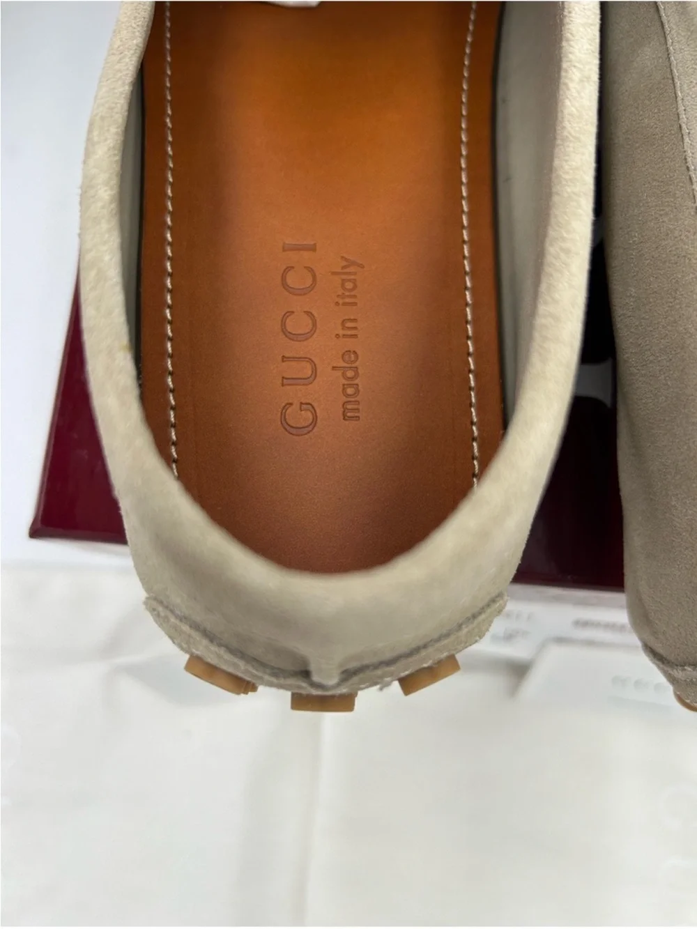 Men’s Gucci suede oatmeal horse bit driver loafer size 10.5 fits 11.5 US